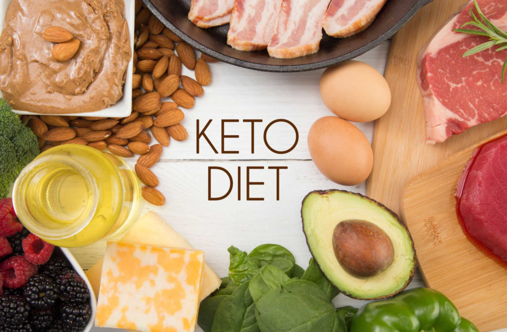 Keto diet with a variety of ketogenic foods placed on the table that include avocados, cheese, peanut butter, eggs and bacon.