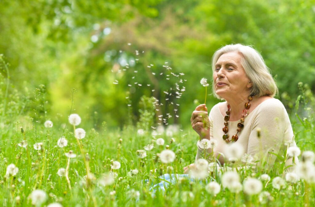 A senior woman happily sitting in a garden while blowing the petals of a dandelion