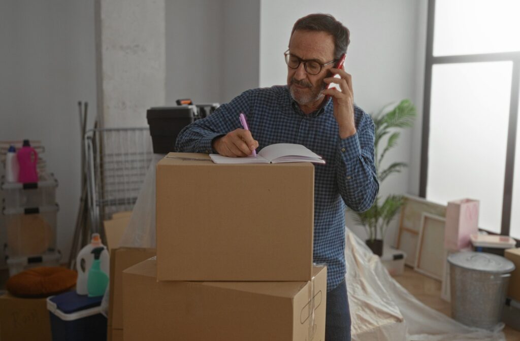 A senior on the phone adjusts a physical moving checklist on top of a stack of moving boxes