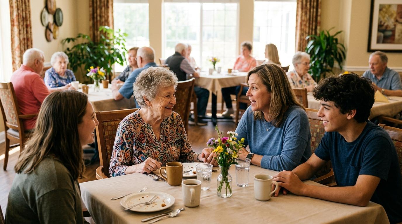 A senior and their family members sit around a dining table in a memory care community, enjoying a meal together.