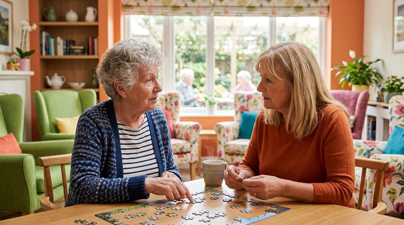 An older adult expresses confusion while completing a jigsaw puzzle with an adult family member.