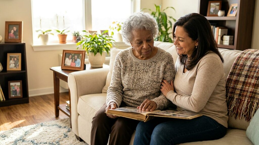 An older adult sits with a family member, looking through a photo album.