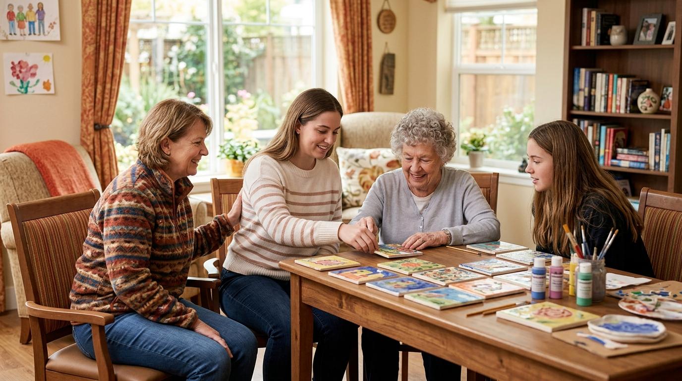 Family members share a warm moment with a memory care resident at Urbana Place Senior Living.