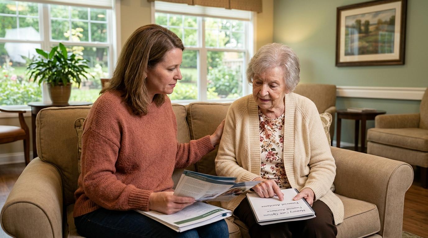An older adult reviews documents on a couch in a sunlit room with a younger adult.