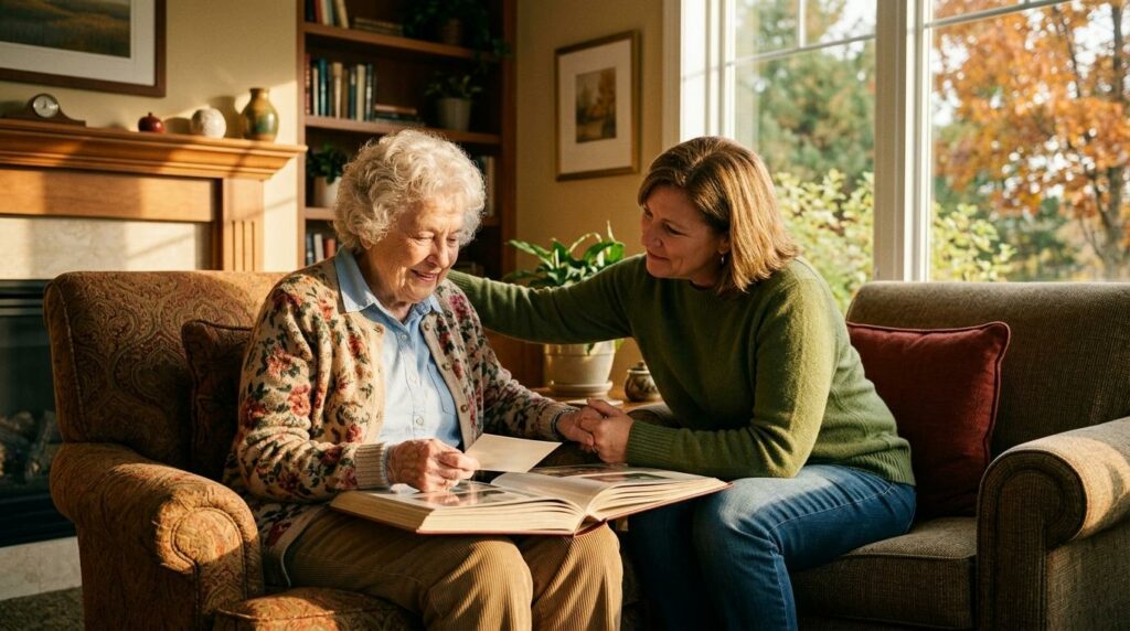 An adult looks through a photo album while a younger adult holds their hand and looks through it with them.