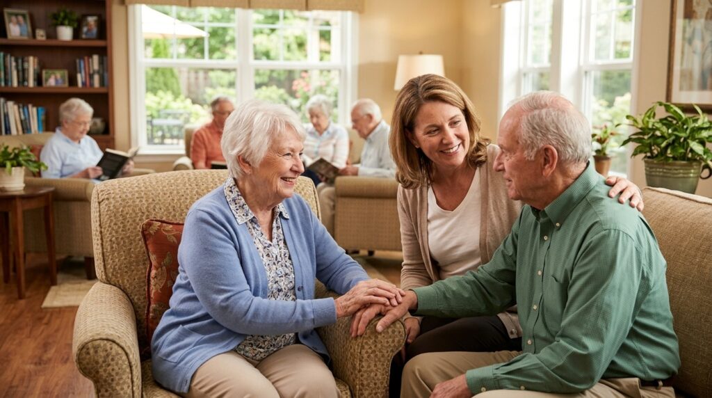 A caring senior living staff member shares a warm, supportive moment with smiling older adult residents at Urbana Place.