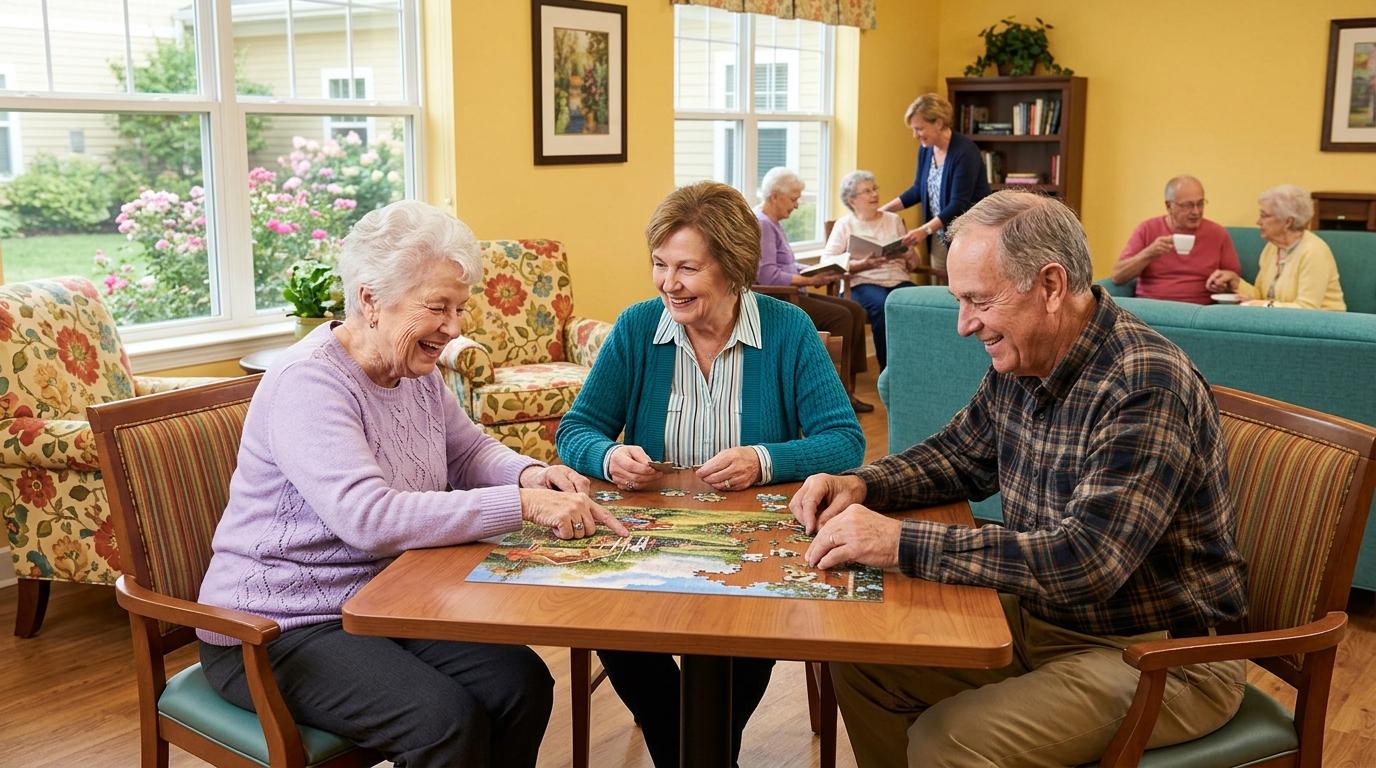 Three older adults work together on a puzzle at a table in a sunlit room.